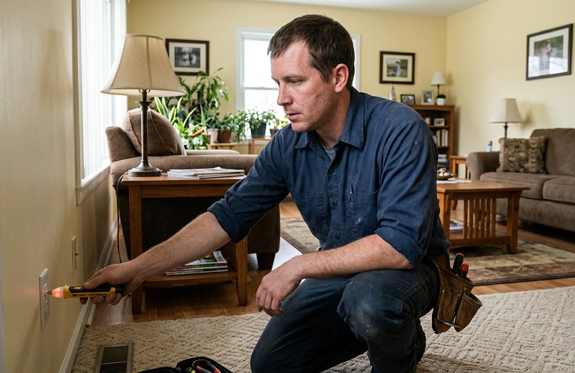 Electrician in a navy work shirt testing a wall outlet with a voltage tester in a Belvidere home
