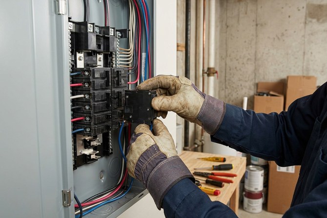 Electrician installing a new circuit breaker into a residential electrical panel