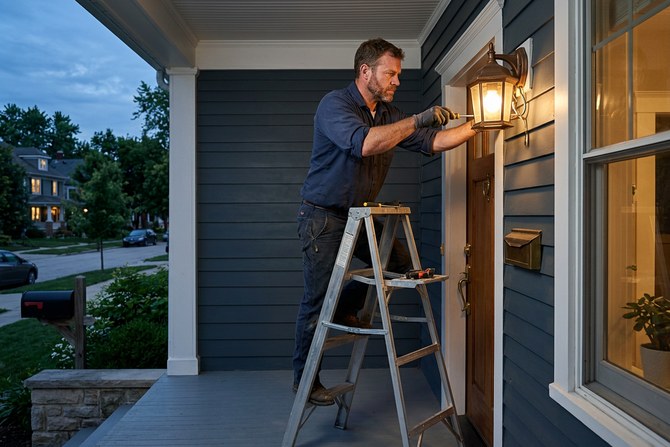 Electrician mounting an outdoor porch light fixture on a residential home in the evening