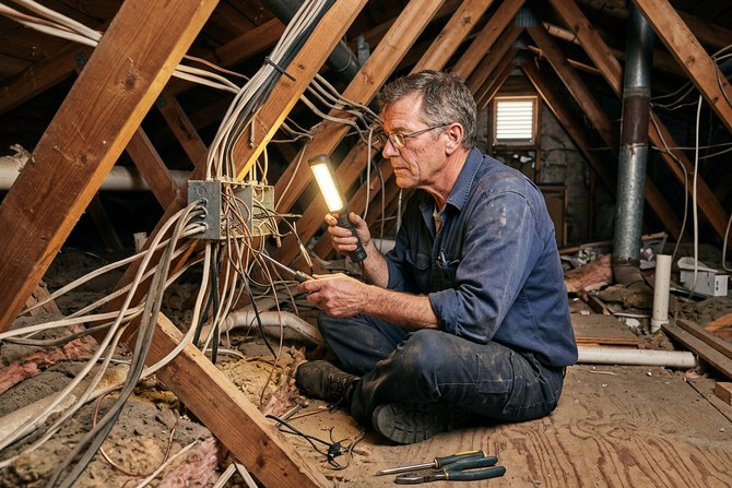 Electrician inspecting wiring in an attic crawl space with a work light