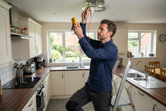 Electrician testing a newly installed ceiling light fixture with a multimeter