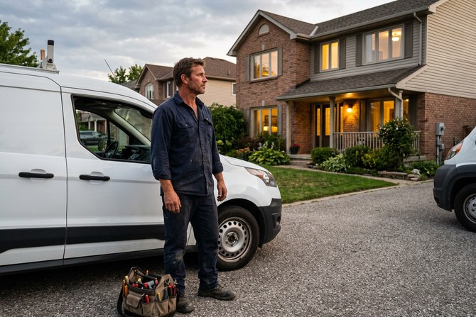 Electrician in a service van checking equipment beside a residential home at dusk