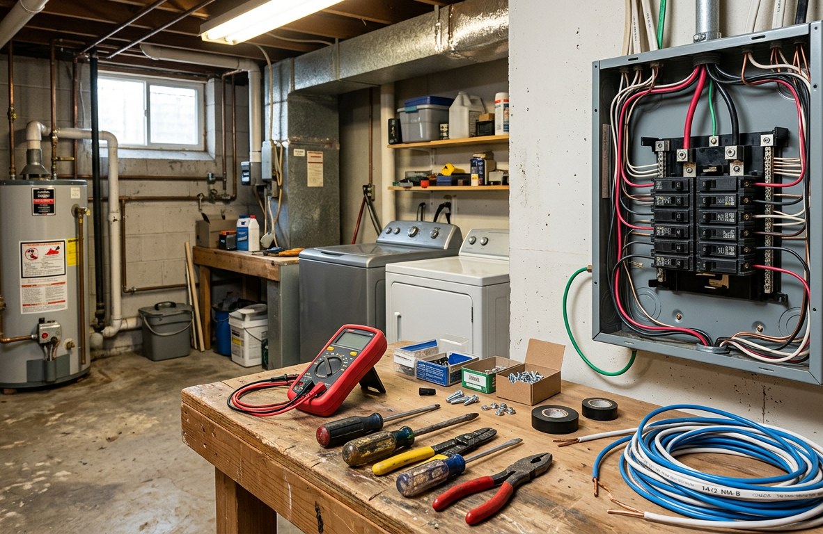 Electrician's workbench with tools and a multimeter beside an open electrical panel