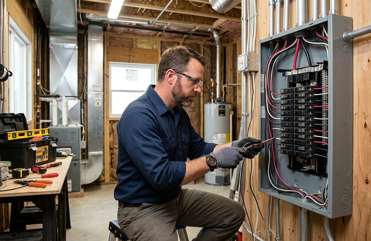 Electrician wiring a new residential electrical panel with labeled circuit breakers