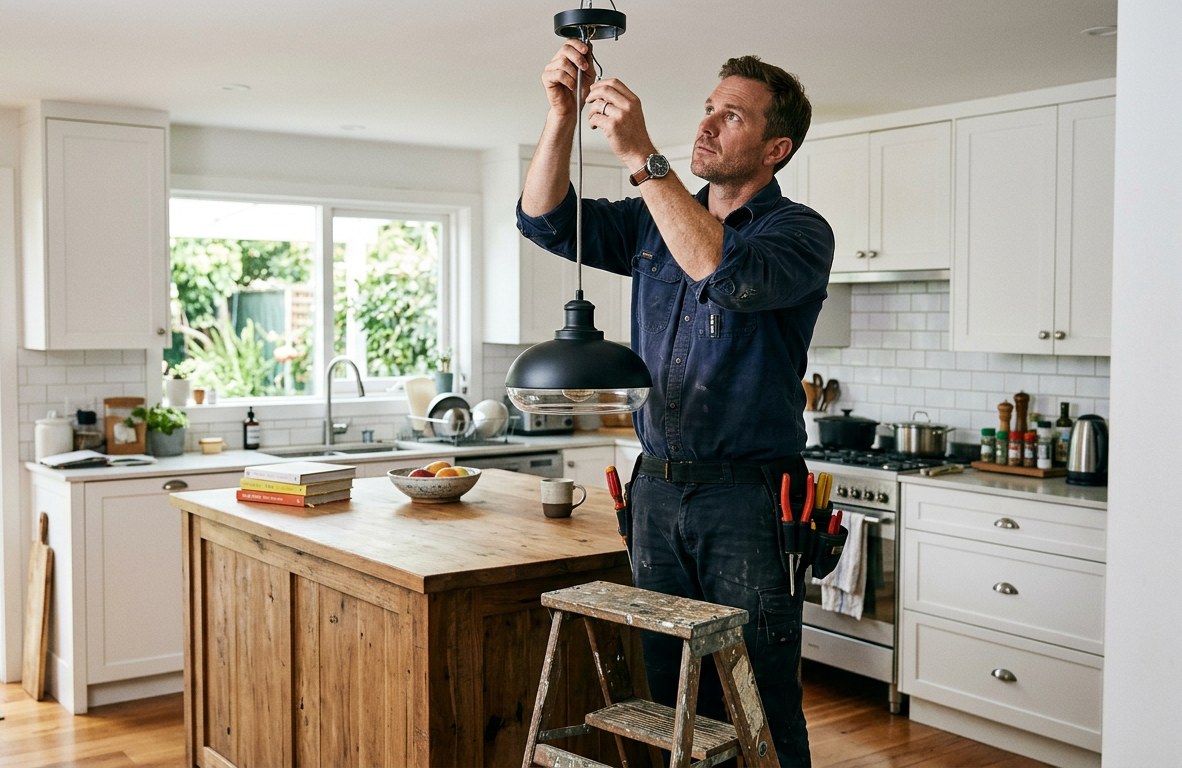 Electrician installing a pendant light fixture over a kitchen island
