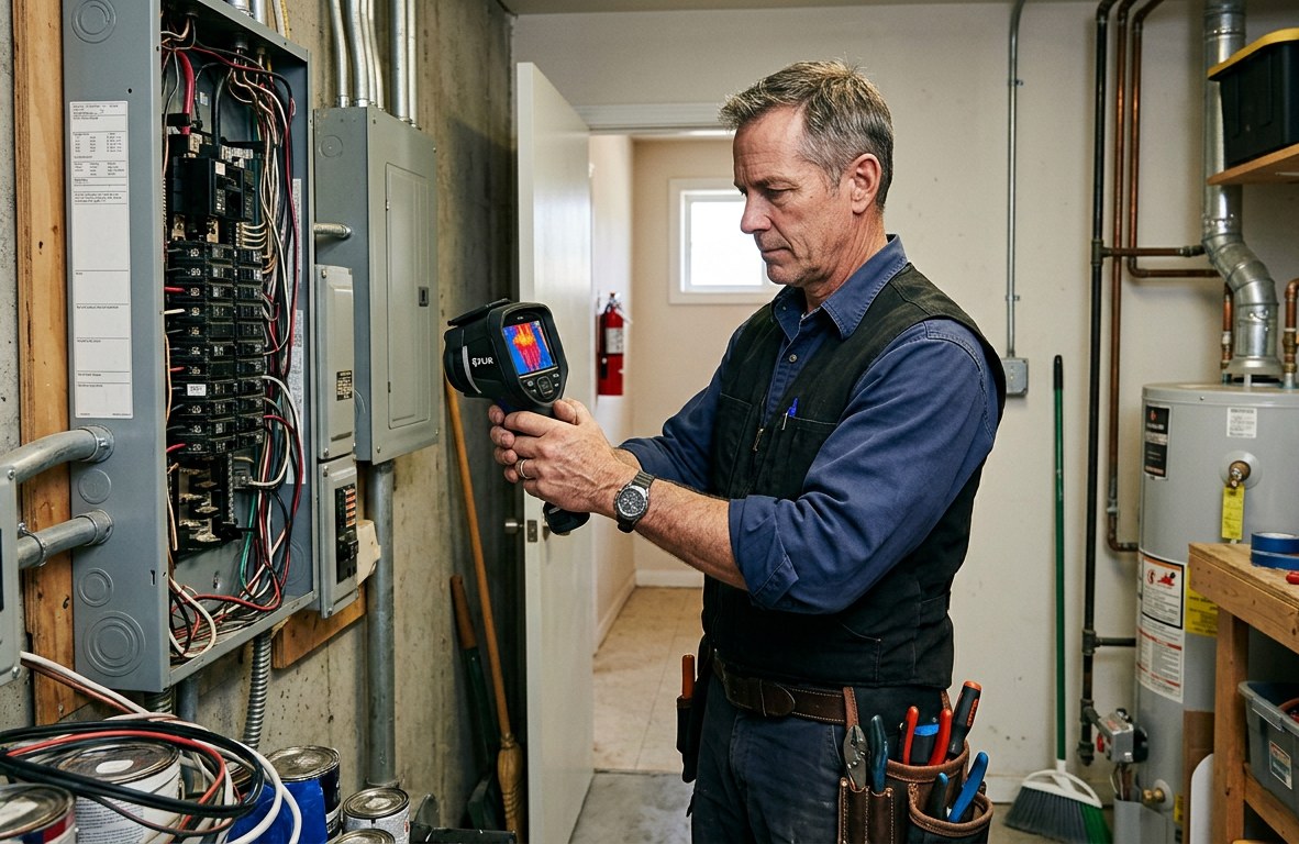 Electrician using a thermal imaging camera to scan a residential electrical panel