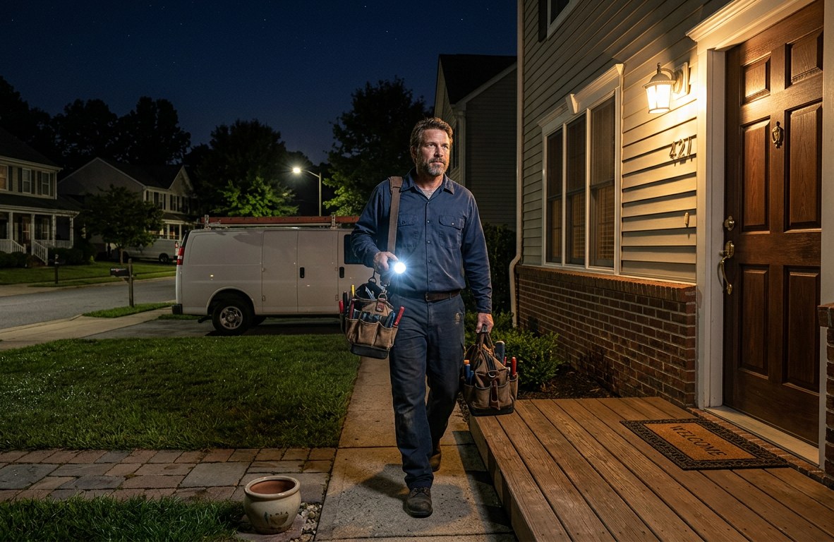 Electrician with a flashlight and tool bag arriving at a residential home at night