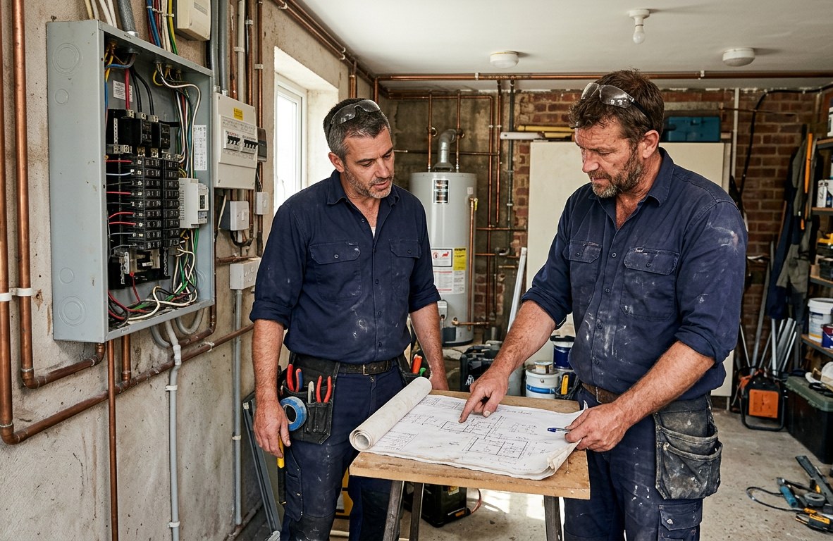Two electricians in navy work shirts reviewing a job plan beside a residential panel