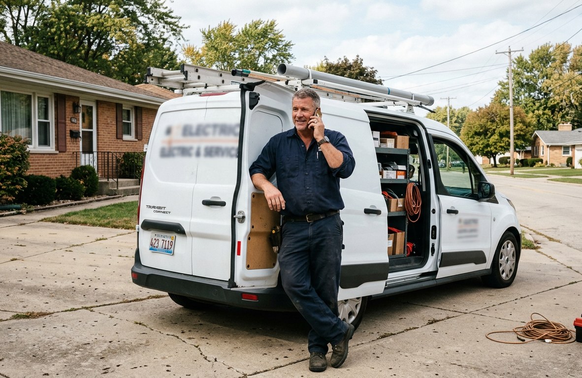 Electrician speaking with a homeowner on the phone beside a service van